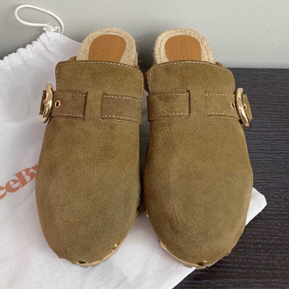 See by Chloé Vivienne Clog Mule in Khaki Suede EU 38